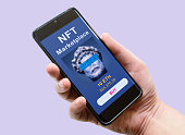 NFT art in phone, hand and smartphone with marketplace
