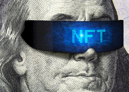 NFT token and money, Franklin on 100 dollar bill with cyber glasses for crypto art. NFT is non-fungible cryptocurrency. Concept of blockchain, marketplace, virtual cryptography, exchange and future.