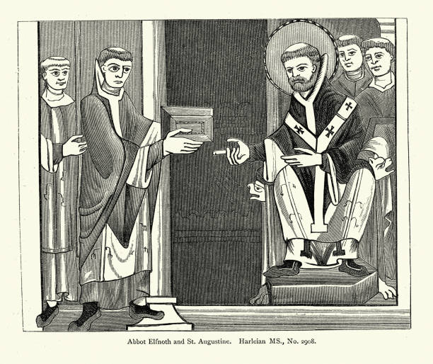 ilustrações, clipart, desenhos animados e ícones de abade elfnoth apresentando um livro de oração a santo agostinho de cantuária - augustine