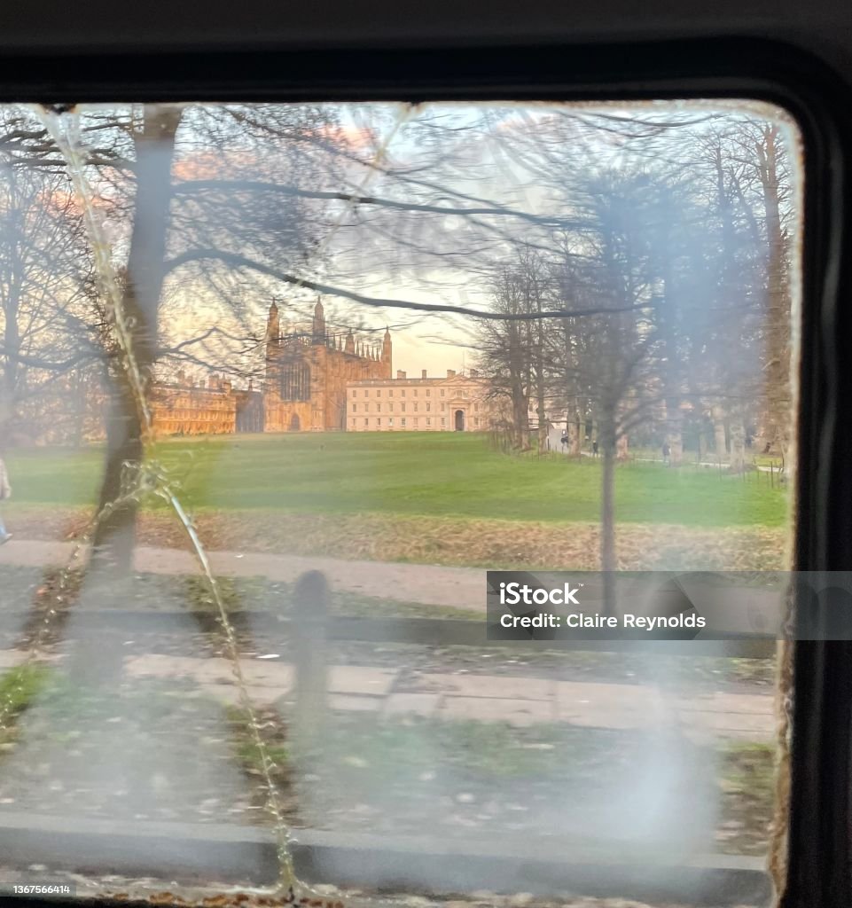 View of Kings college Cambridge from old VW original window 1962 Split screen View of Kings College Cambridge From Old VW Original window 1962 split screen Capital Cities Stock Photo