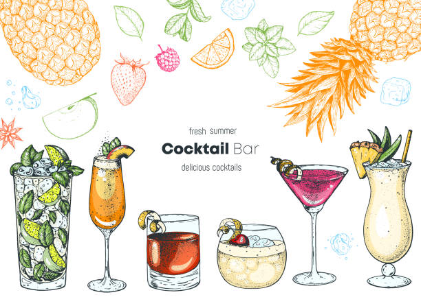 alkoholische cocktails handgezeichnete vektorillustration. cocktail-set. menü-design-elemente. - tonic water stock-grafiken, -clipart, -cartoons und -symbole