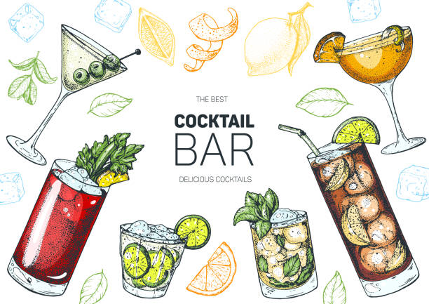 alkoholische cocktails handgezeichnete vektorillustration. cocktail-set. menü-design-elemente. - tonic water stock-grafiken, -clipart, -cartoons und -symbole