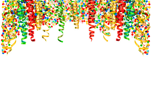 Streamer and confetti on white background. Carnival party banner serpentine decoration
