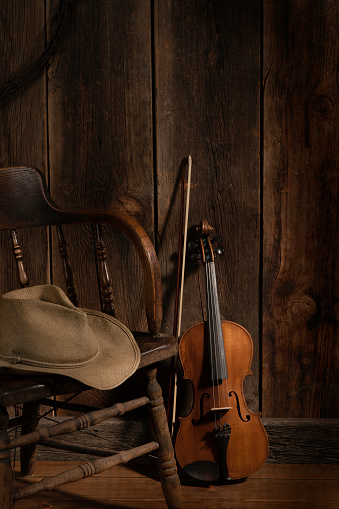 Wild West theme with barnwood, violin, saloon chair and cowboy hat. Subdued lighting for good print separation