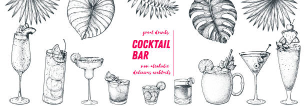 ilustrações de stock, clip art, desenhos animados e ícones de alcoholic cocktails hand drawn vector illustration. hand drawn sketch. cocktails and palm leaves set. menu design elements. summer bar menu. - caipiroska