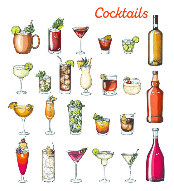 illustrazioni stock, clip art, cartoni animati e icone di tendenza di cocktail alcolici disegnati a mano illustrazione vettoriale. set colorato. cognac, brandy, vodka, tequila, whisky, champagne, vino, cocktail margarita. bottiglia e vetro. - cocktail