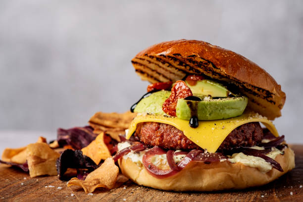 Vegan Burger with Organic Potato Chips stock photo