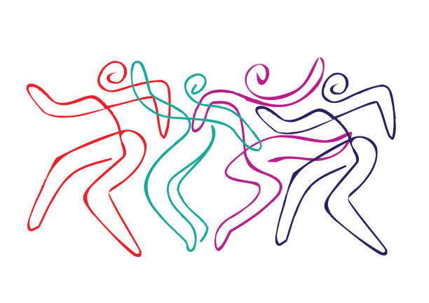 Dance group of disco dancing, line art. Expressive colorful illustration of  disco dancing couples. Vector available. dancing stock illustrations