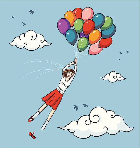 Vector illustration of Girl flying with balloons