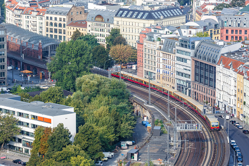Berlin S-Bahn regional train on the Stadtbahn at Hackesche Höfe town city in Germany aerial view