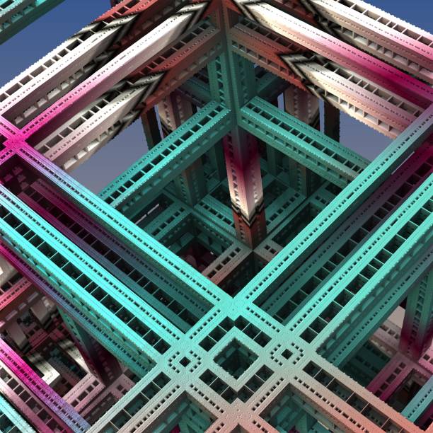 Blue and magenta colored fractal background, metallic constructions imitation. 3d rendering