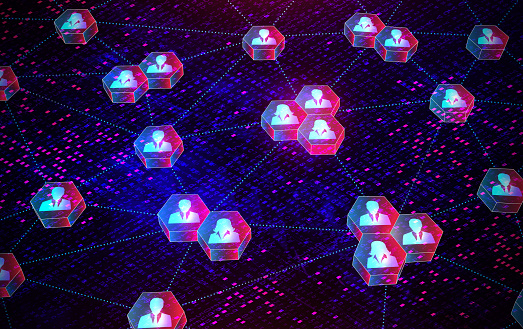Decentralized Autonomous Organization - DAO - People Connected by Blockchain Technologies in a Decentralized Network - Conceptual 3D Illustration