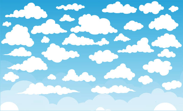 Clouds Set Set of white clouds in flat style on light blue background. cloudscape stock illustrations