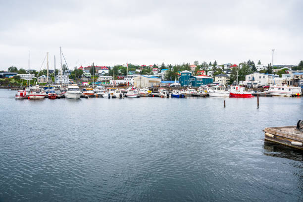 istock Fishing boats in harbour on a cloudy summer day 1367575181