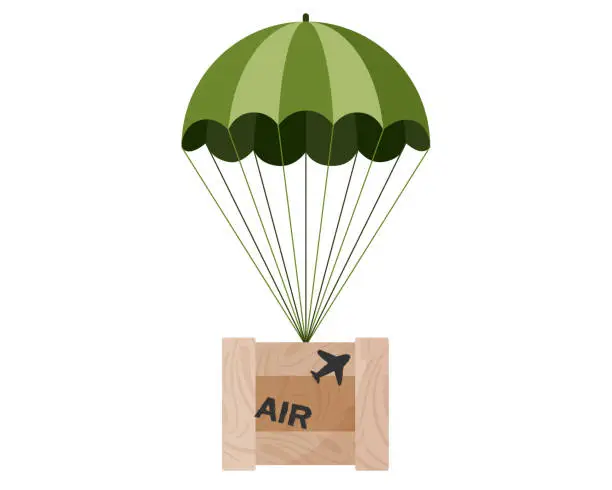 Vector illustration of Airborne delivery wooden box package parcel air drop with parachute. Online military game concept.