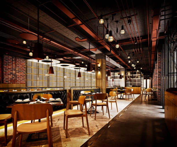 3d-rendering des interieurs der café-restaurant-bar - nobody restaurant empty pub stock-fotos und bilder