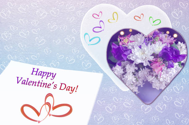 Colorful greeting card with different hearts, colors and text on a textured background colored with a gradient. Valentine's Day Concept