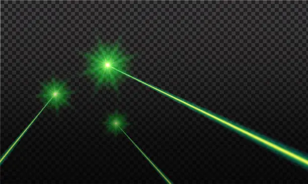 Vector illustration of Green laser beam. Laser rays, green lighting effect on transparent black background.