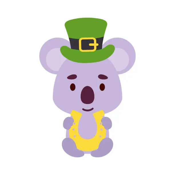 Vector illustration of Cute koala St. Patrick's Day leprechaun hat holds horseshoe. Irish holiday folklore theme. Cartoon design for cards, decor, shirt, invitation. Vector stock illustration.