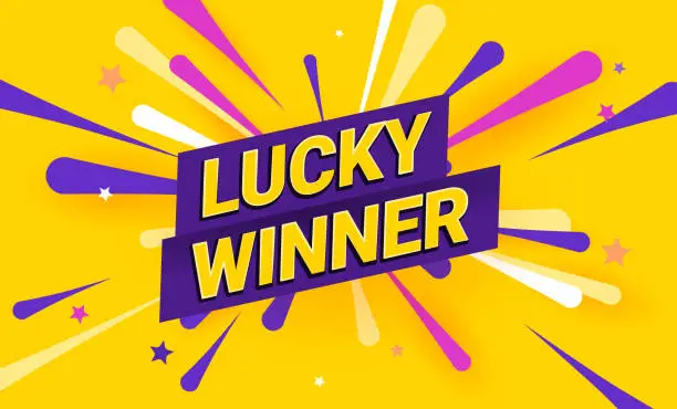 Vector illustration of Lucky winner celebration illustration. Rich violet background with text you won and fireworks and stars on the background. Template banner for website, mailing or print.