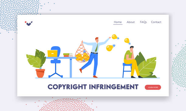 ilustrações de stock, clip art, desenhos animados e ícones de copyright infringement, plagiarism landing page template. creator thinking creative idea and plagiarist stealing content - plagiarist