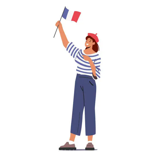 Vector illustration of Typical French Woman in Red Beret and Striped T-Shirt Hold France Flag in Hands, Character in Paris Traditional Clothes