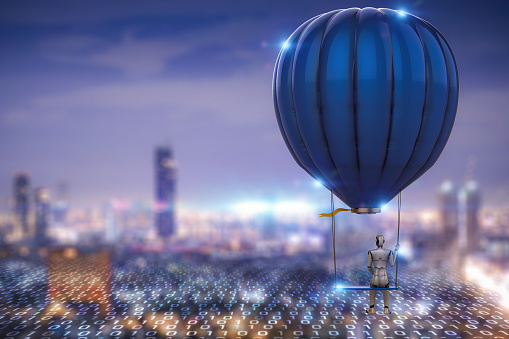 3d rendering robot on blue hot air balloon with swing fly in city