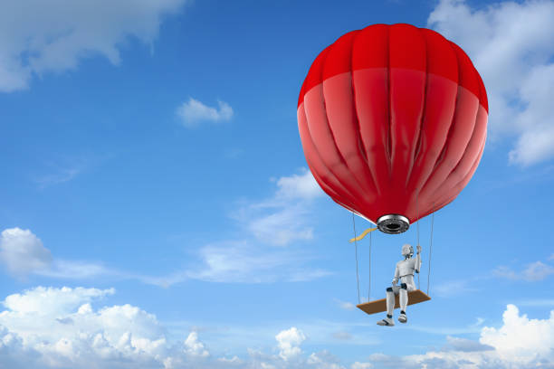 istock Robot on hot air balloon with swing fly in cloudy sky 1367582889
