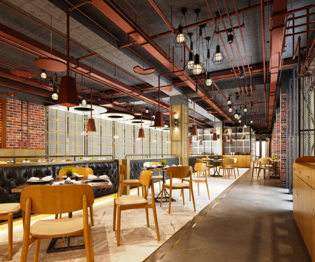 3d render del moderno restaurante cafetería - café edificio de hostelería fotografías e imágenes de stock