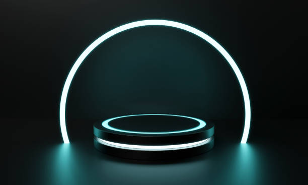 istock Modern round product showcase sci-fi podium with blue green glowing light neon frame background. Technology and object for advertising template concept. 3D illustration rendering 1367586243