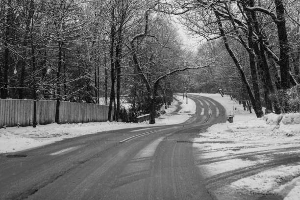 A black and white photo of a winding road after a snow storm.