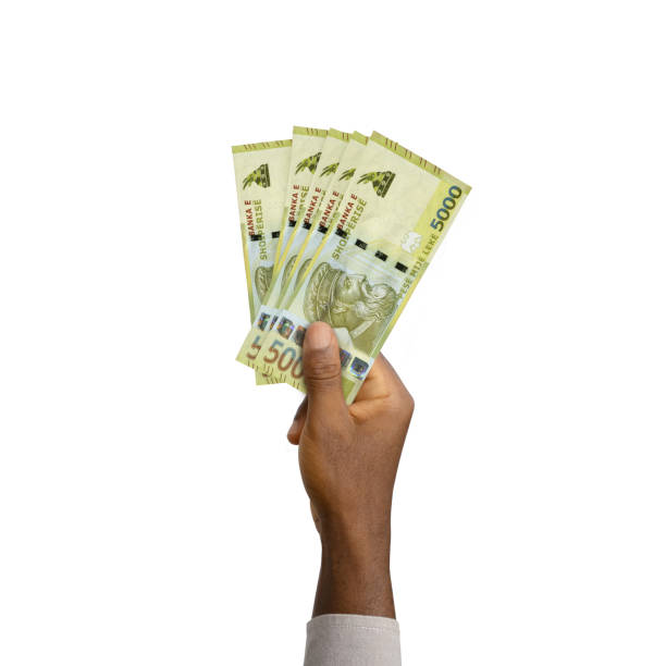 istock Black Hand holding 3D rendered 5000 Albanian lek notes isolated on white background 1367587942
