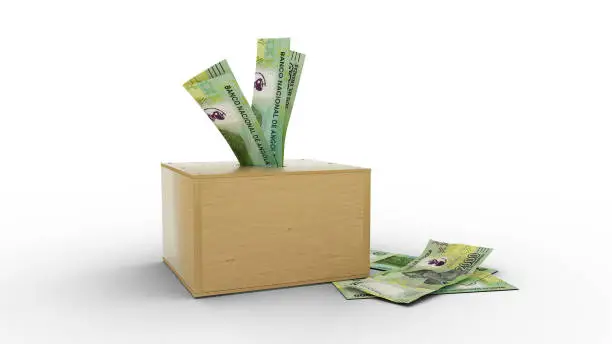 Photo of 3D rendering of Angolan Kwanza notes in wooden Savings box