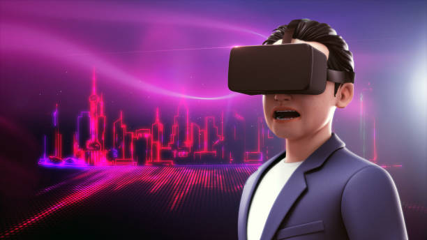 istock Man wearing virtual reality headset on light neon cityscape background. 1367598499