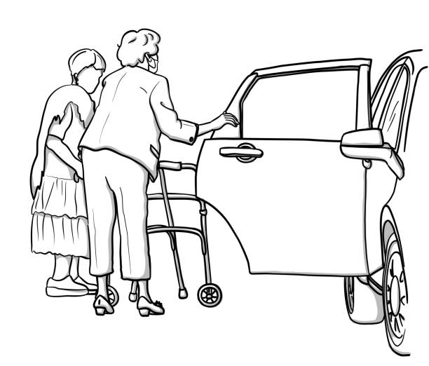 ilustrações, clipart, desenhos animados e ícones de arte da linha de veículos de embarque do desafio de mobilidade - car door car isolated old