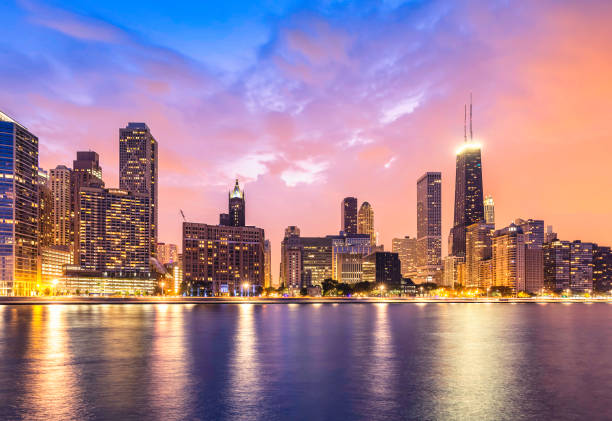 istock Chicago Downtown at dusk with warm color sky 1367602622