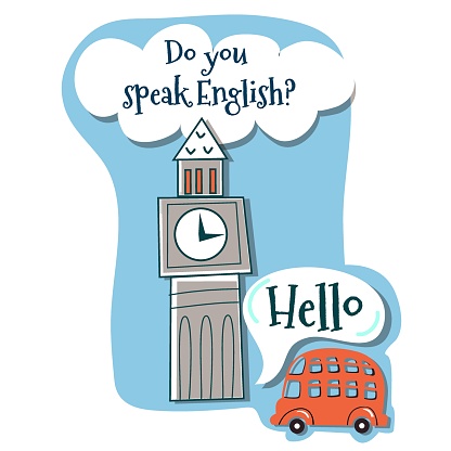 Big Ben and red bus comic style drawing for online language courses