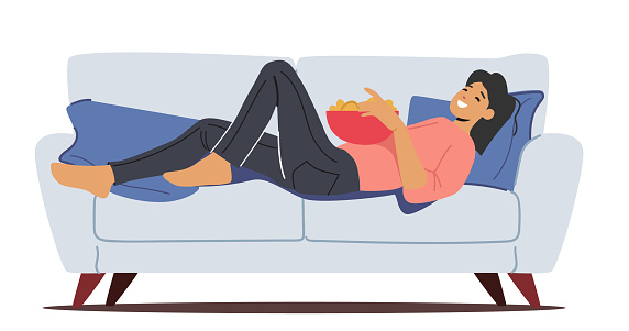 Lazy Female Character Lying on Coach in Living Room, Eating Junk Food During Weekend. Woman Spend Time at Home