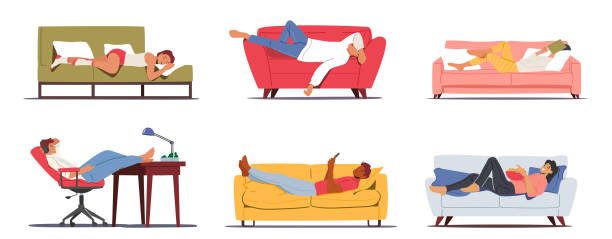 zestaw leniwych postaci relaksujących się podczas weekendu w domu śpiących, surfujących po internecie, jedzących śmieciowe jedzenie. weekendowy wypoczynek - lying in bed stock illustrations