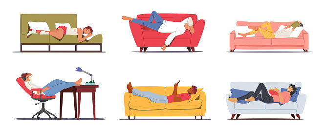 Set of Lazy Characters Relaxing during Weekend at Home Sleeping, Surfing Internet, Eating Junk Food. Weekend Recreation Concept. People Having Rest, Procrastination. Cartoon People Vector Illustration
