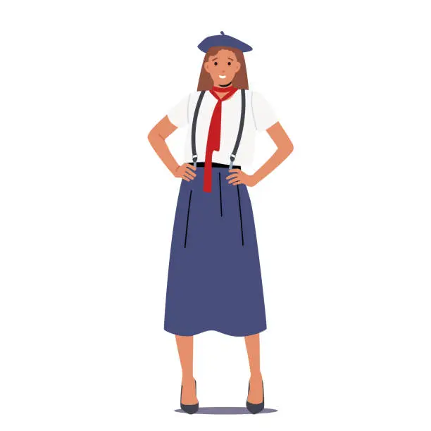 Vector illustration of Typical French Woman Wearing Long Blue Skirt on Suspenders, Red Tie, White Shirt and Red Beret. Female Character