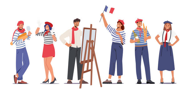 набор типичных французских людей пантомима, художник, женщины в берете с флагом, мужчина держит багеты и бокалы - традиционно французский stock illustrations
