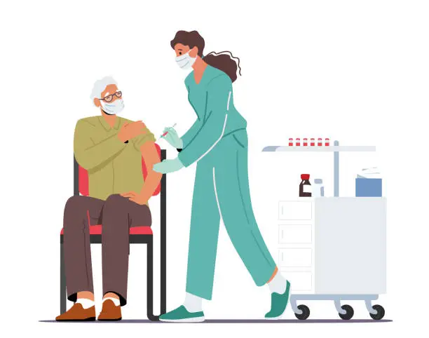 Vector illustration of Senior Male Character Applying Vaccine against Covid Infection. Nurse Make Vaccination to Old Man in Hospital Cabinet