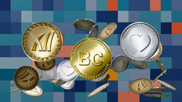 Blockchain, splashing gold, silver and copper virtual currency