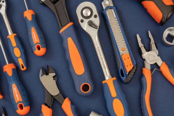 istock Work tool on blue background. Hand tool new set for repair and construction, overhead 1367614559