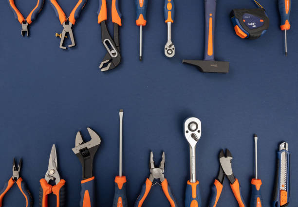 istock Work tool on blue background. Hand tool new set for repair and construction, overhead 1367614599
