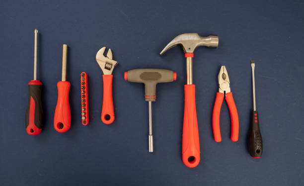 istock Work tool on blue background. Hand tool new set for repair and construction, overhead 1367614613