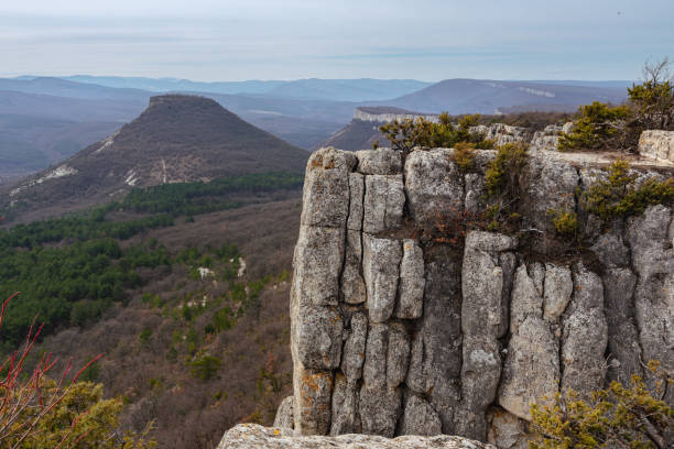 View from Beshik-Tau is the sacred mountain of the Karaites in spring. Bakhchysarai, Crimea