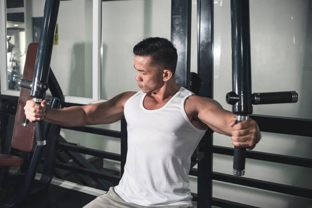 a muscular and fit asian man does some flys on the chest fly machine, also known as a pec deck at the gym. - pectoral muscle imagens e fotografias de stock