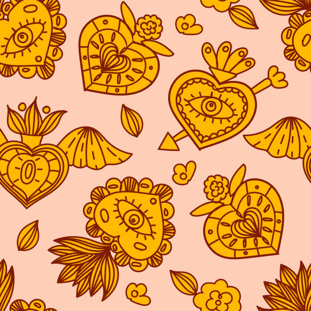 ilustrações de stock, clip art, desenhos animados e ícones de seamless pattern with sacred mexican hearts. vector - mexican flame leaf